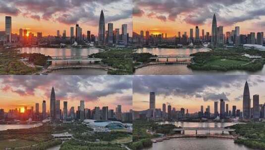 深圳湾城市天际线大型晚霞航拍高清在线视频素材下载