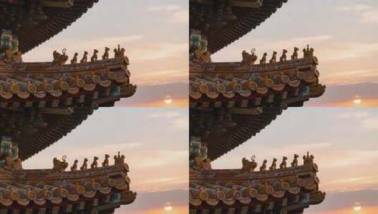 古建筑屋檐脊兽夕阳景象高清在线视频素材下载