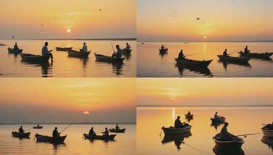 夕阳下湖面渔民小船垂钓高清在线视频素材下载