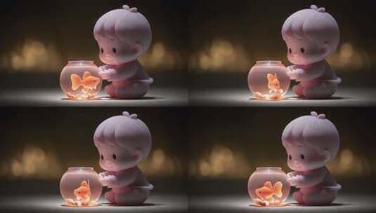 卡通娃娃与金鱼缸的温馨童趣高清在线视频素材下载