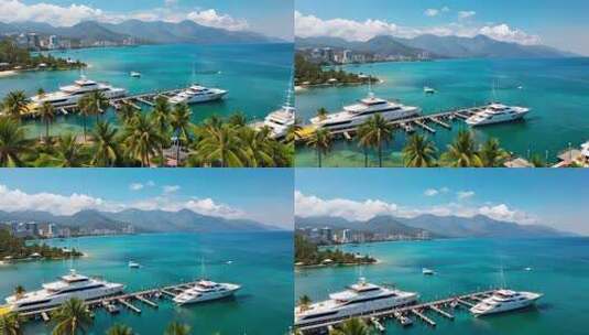 三亚海滨游艇码头全景高清在线视频素材下载
