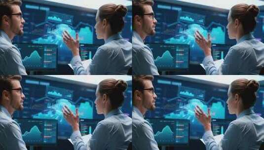 商务人士探讨虚拟数据画面高清在线视频素材下载