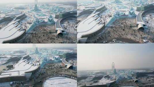 4K哈尔滨冰雪大世界人工景观冰雕航拍视频高清在线视频素材下载