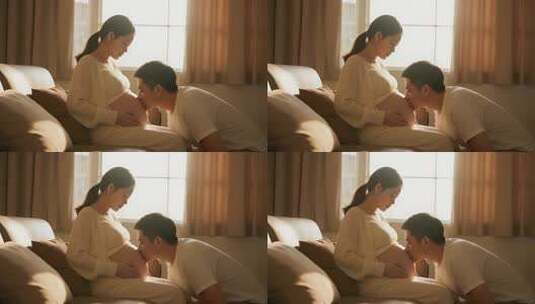 准爸爸亲吻孕妇肚子温馨家庭爱情视频高清在线视频素材下载