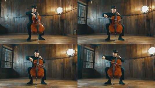 男子室内演奏大提琴高清在线视频素材下载