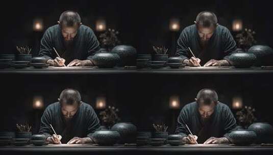 唐朝书法家挥毫泼墨创作水墨画高清在线视频素材下载