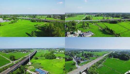 合集高铁动车复兴号和谐号火车穿过乡村稻田高清在线视频素材下载