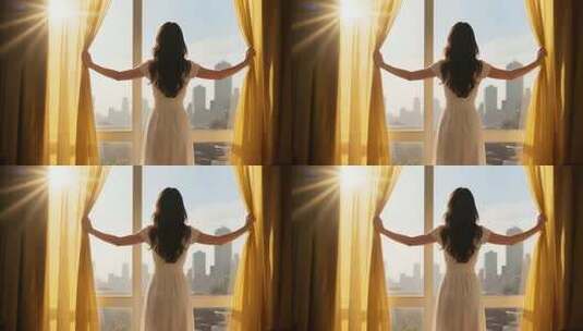 女子拉开窗帘迎接阳光高清在线视频素材下载