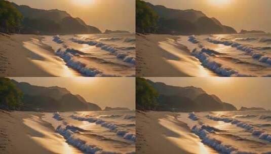 夕阳下海浪拍打沙滩景象高清在线视频素材下载