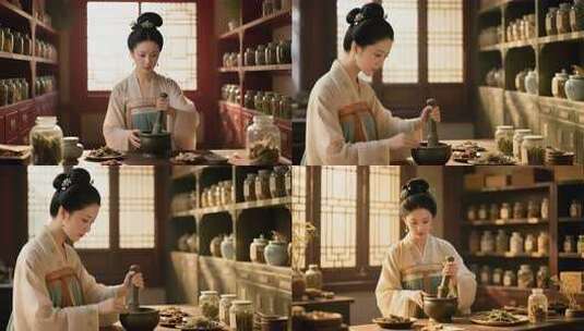 古代女子研磨草药高清在线视频素材下载