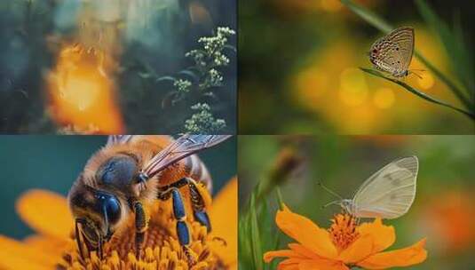 蝴蝶蜂蜜采蜜花朵夏天田野高清在线视频素材下载