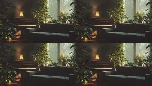 室内绿植环绕的沙发与钢琴场景高清在线视频素材下载