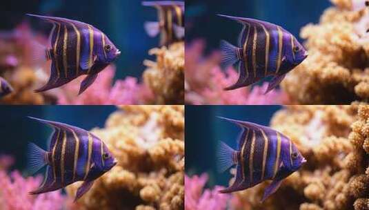 水族馆中紫色条纹观赏鱼高清在线视频素材下载