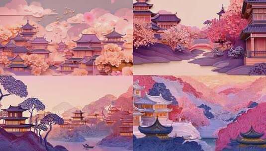 唯美纸艺风古风建筑背景 梦幻国风楼阁景观高清在线视频素材下载