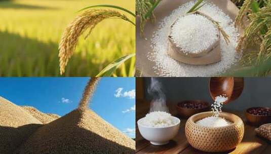 大米水稻农业丰收农田稻谷稻田米饭广告素材高清在线视频素材下载