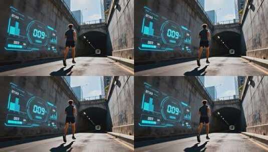 男子城市道路跑步科技画面高清在线视频素材下载