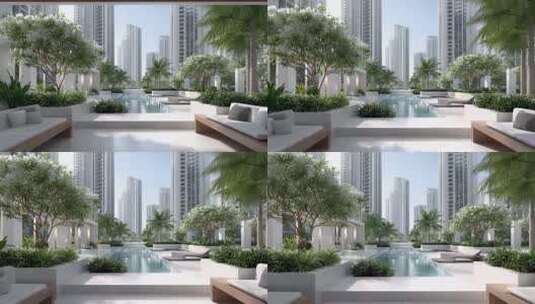 现代城市景观泳池绿植建筑群高清在线视频素材下载