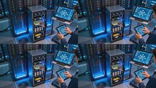 工作人员操作设备管理服务器高清在线视频素材下载