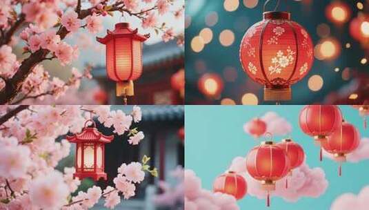 樱花枝头的中式传统红灯笼光影高清在线视频素材下载