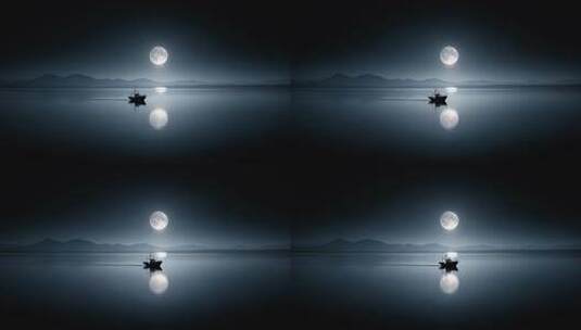 月光下航行的渔船宁静而神秘高清在线视频素材下载