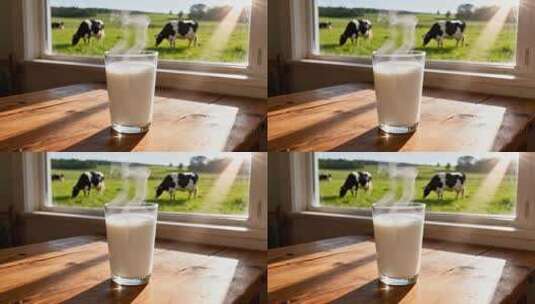 窗边木桌上的一杯热牛奶高清在线视频素材下载