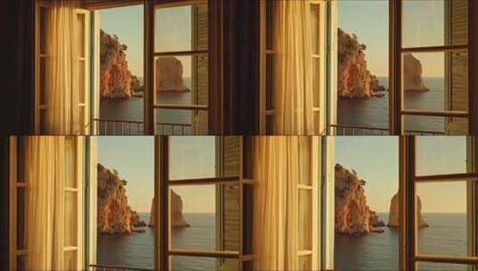 窗边眺望海景与山崖风光高清在线视频素材下载