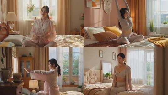 【合集】清晨卧室伸展的年轻女性 女生独居高清在线视频素材下载