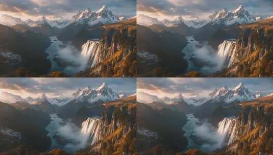 雪山瀑布自然风光全景高清在线视频素材下载