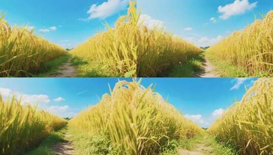 田园风金黄稻田小路风景高清在线视频素材下载