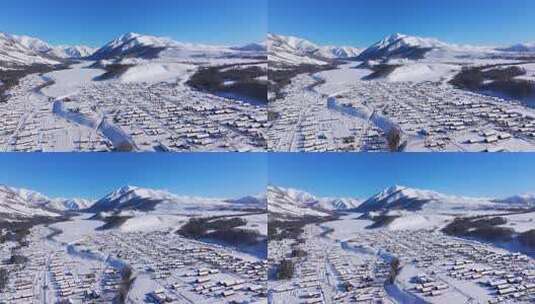 新疆阿勒泰地区禾木村雪景航拍高清在线视频素材下载