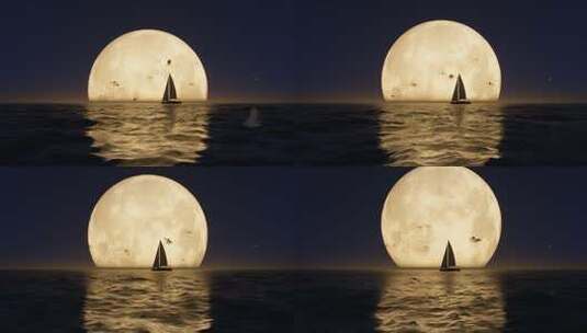 夜晚大海上缓慢升起的月亮高清在线视频素材下载