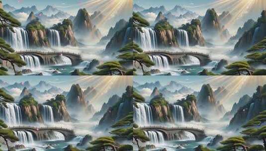 中式山水风景含桥与瀑布高清在线视频素材下载