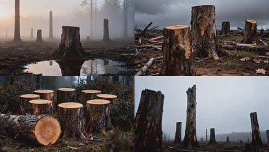 森林砍伐后的树桩景观 光影下的砍伐树木高清在线视频素材下载