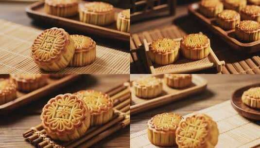 竹席上摆放的广式月饼高清在线视频素材下载