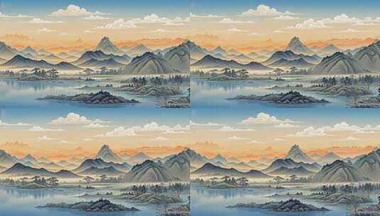 山水国风插画自然风光画面高清在线视频素材下载