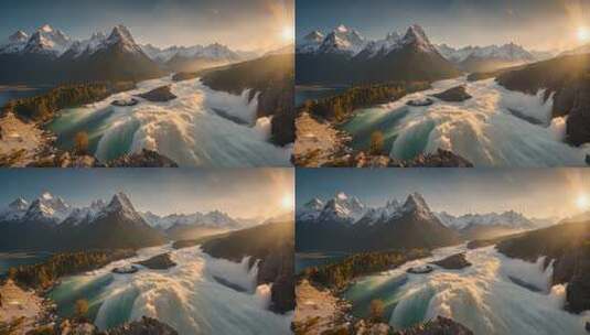 雪山下河流瀑布自然风光高清在线视频素材下载