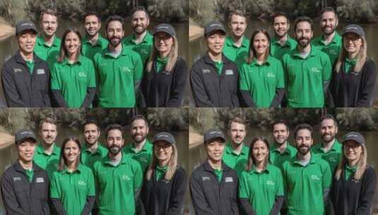 绿色环保团队在河边合影展现专业形象高清在线视频素材下载