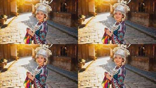 苗寨身着民族服饰的美女高清在线视频素材下载