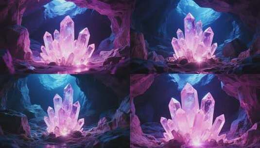 洞穴中发光的粉色水晶高清在线视频素材下载