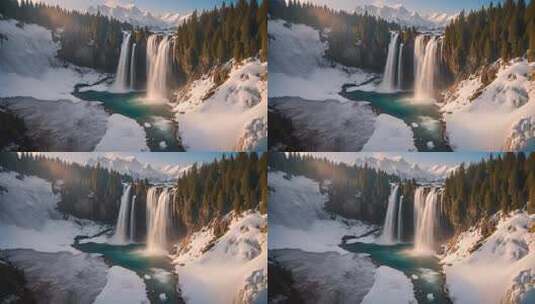 雪山森林中的壮丽瀑布景观高清在线视频素材下载