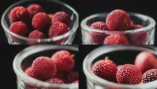 玻璃杯中盛放的新鲜杨梅高清在线视频素材下载