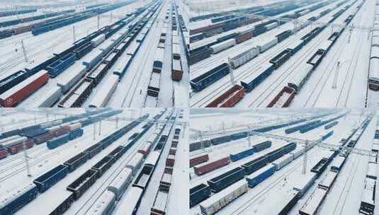 雪中铁轨上的货运火车高清在线视频素材下载