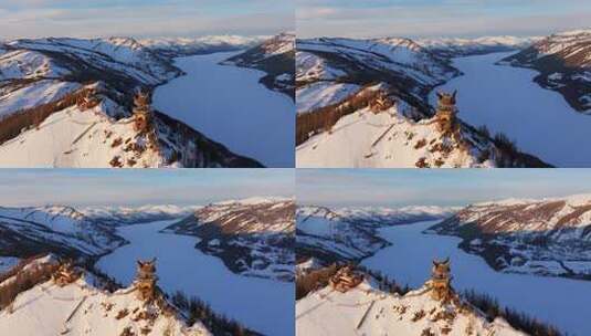 新疆阿勒泰地区喀纳斯景区雪景航拍高清在线视频素材下载