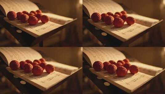 音符乐谱上的荔枝特写高清在线视频素材下载