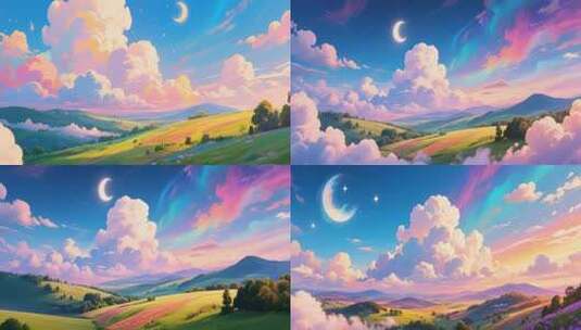 梦幻田园夜空与彩云景观高清在线视频素材下载