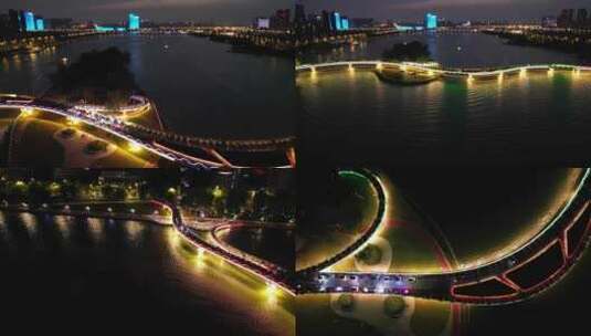 浐灞灞河揽月桥水上桥梁夜景航拍2高清在线视频素材下载