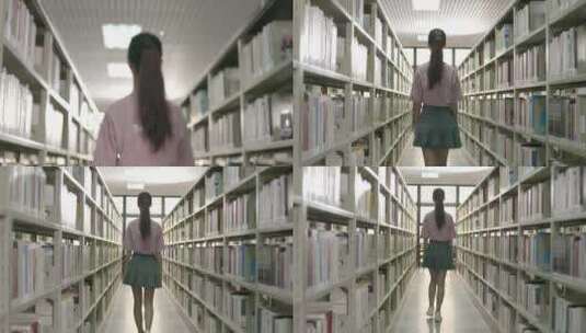 大学生图书馆行走背影 一路前行图书馆看书高清在线视频素材下载