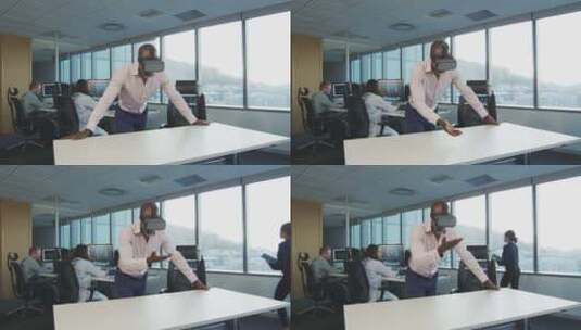 非裔美国商人在现代办公室戴着VR耳机高清在线视频素材下载