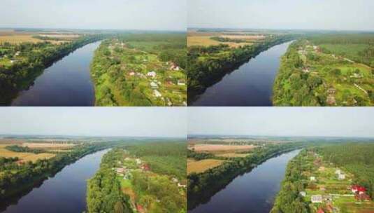 航拍河边的村庄高清在线视频素材下载