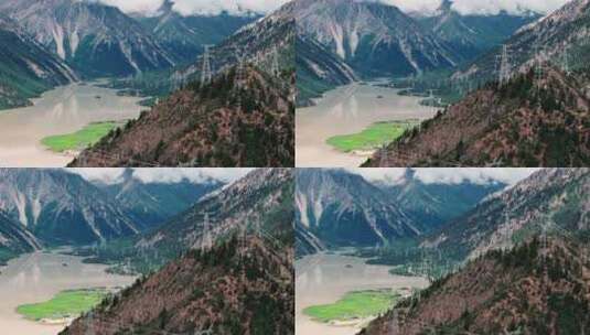 西藏昌都然乌湖和周边高压线电力系统航拍高清在线视频素材下载